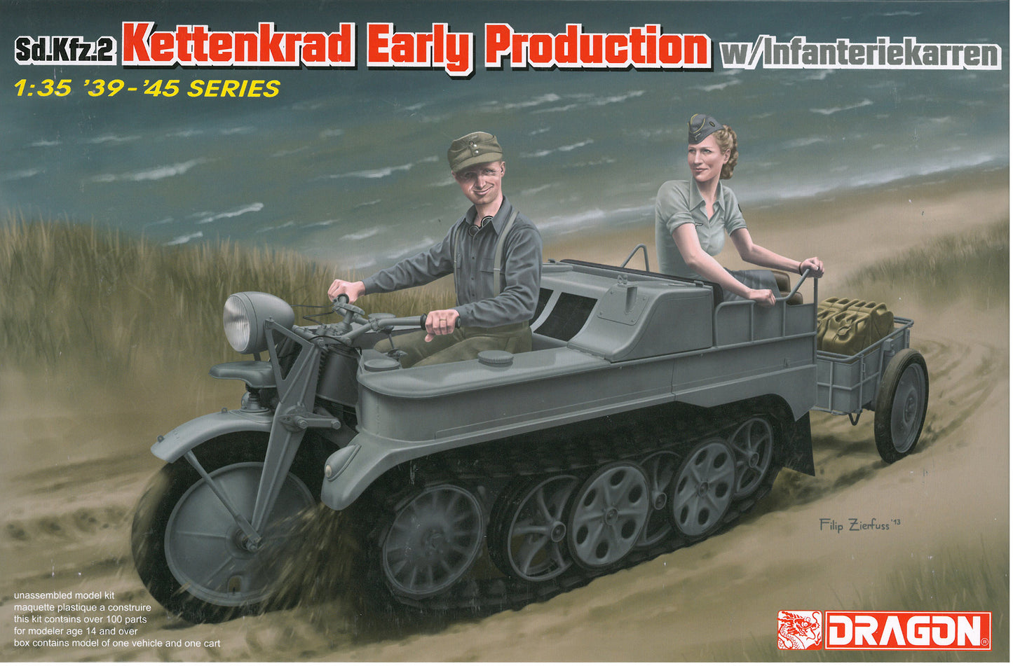 SD. KFZ. 2 KETTENKRAD 1/35 AVEC REMORQUE ET PILOTE