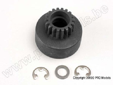Clutch bell, (18-tooth)/ 5x8x0.5mm fiber washer (2)/ 5mm E-clip