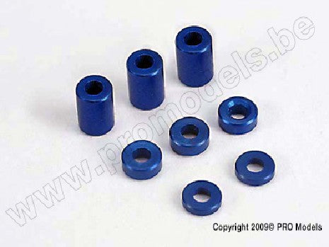 Blue-anodized, aluminum spacers (3x6x8mm) (3)/ (3x6x1.5mm) (2)/