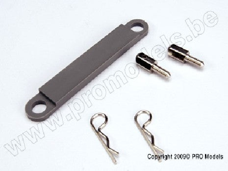 Battery hold-down plate (grey) / metal posts (2) / body clips (2