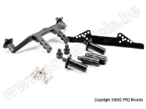 Body mount, front & rear (black)/ body posts, 38mm (2), 25mm (2)
