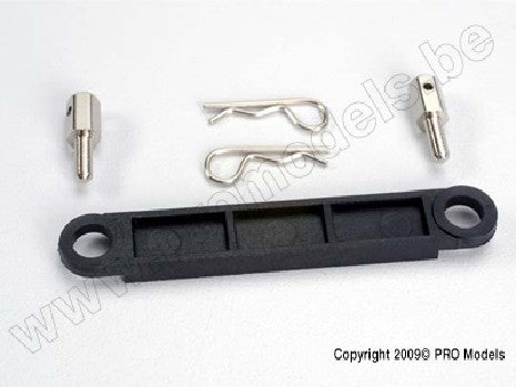 Battery hold-down plate (black)/ metal posts (2)/body clips (2)