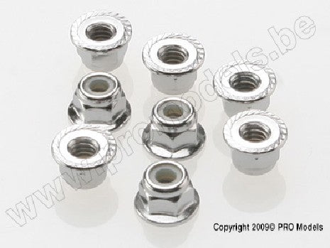 Nuts, 4mm flanged nylon locking (steel, serrated) (8)
