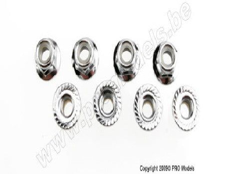 Nuts, 5mm flanged nylon locking (steel, serrated) (8)